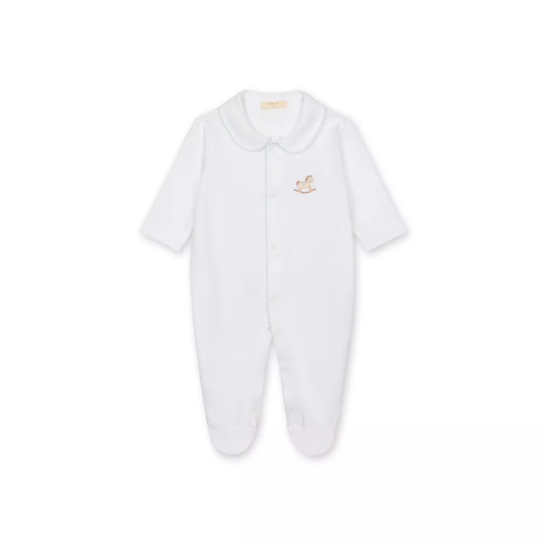White babygrow with blue detail - Rocking Horse